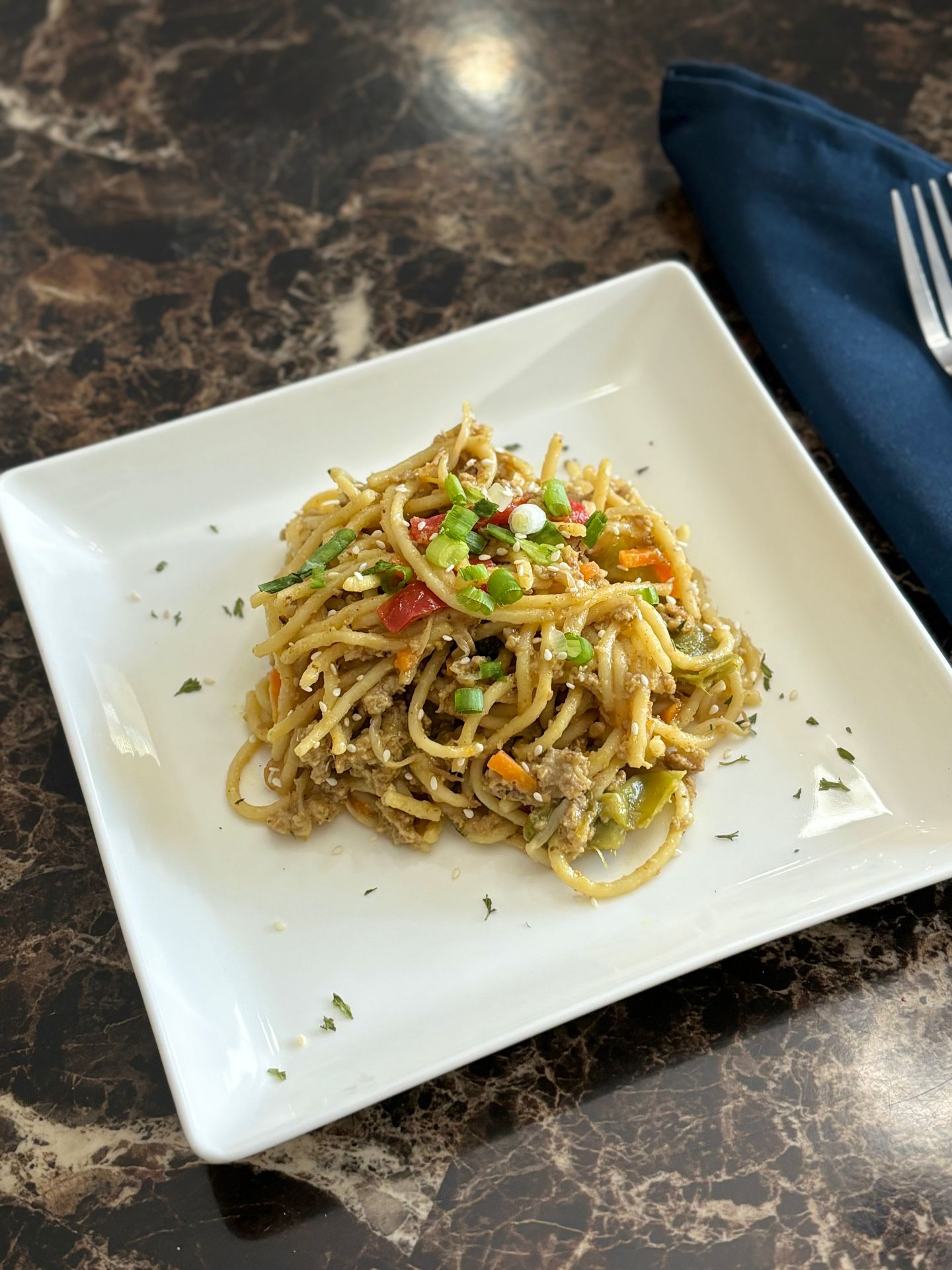 A plated pasta meal
